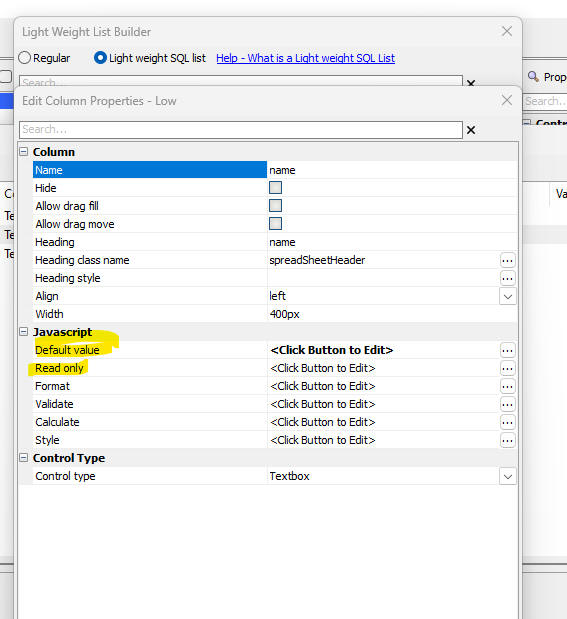 Light Weight List column configuration showing default value and readonly Javascript settings
